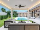 Modern patio area with pool and garden in a luxury home