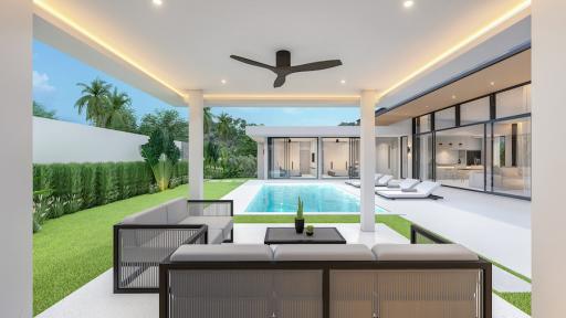 Modern patio area with pool and garden in a luxury home
