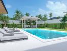 Luxurious backyard with swimming pool, sun loungers, and pergola