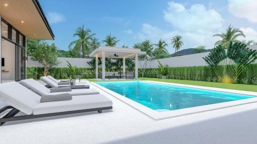 Luxurious backyard with swimming pool, sun loungers, and pergola