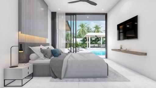 Modern bedroom with direct pool access and mounted television