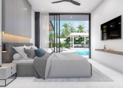 Modern bedroom with direct pool access and mounted television