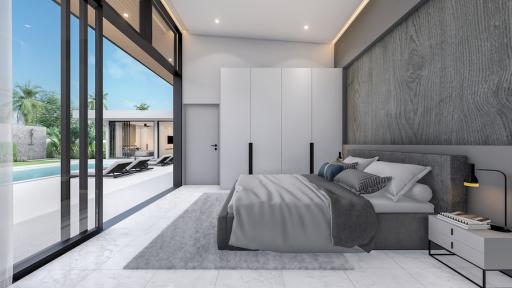 Modern bedroom with direct pool access and sliding glass doors.