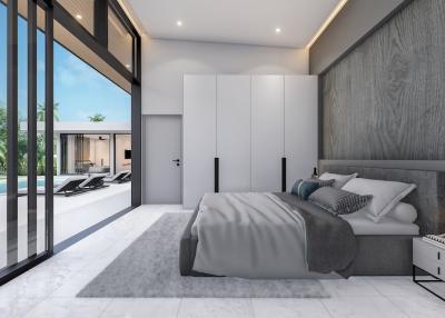 Modern bedroom with direct pool access and sliding glass doors.