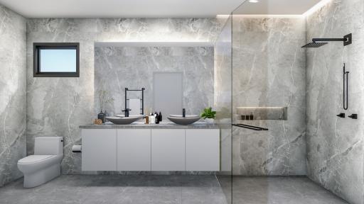 Modern bathroom interior with marble finishing and double sinks