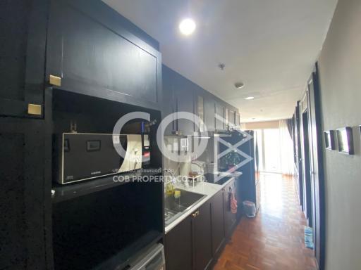 Modern kitchen with black cabinetry and built-in appliances