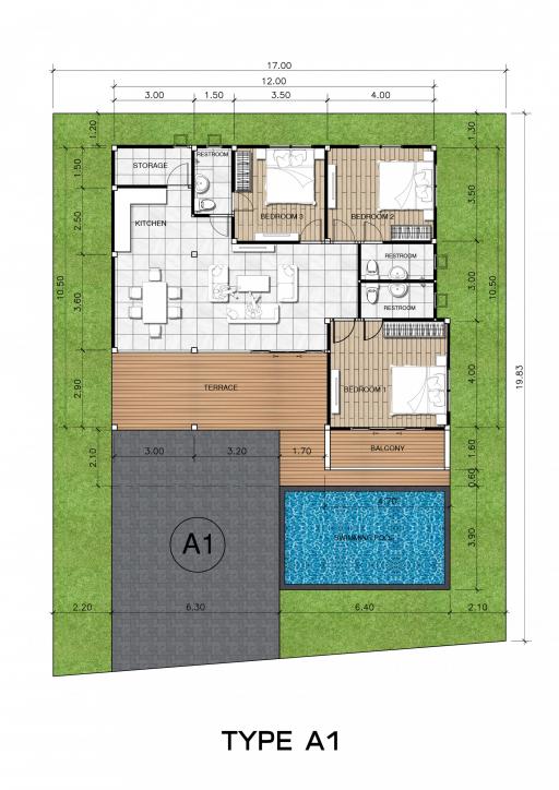 Floor plan of TYPE A1 residential unit with terrace and pool