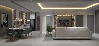 Modern living room with open floor plan including dining area and kitchen