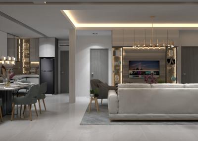 Modern living room with open floor plan including dining area and kitchen