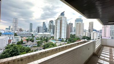 Spacious balcony with expansive city skyline view