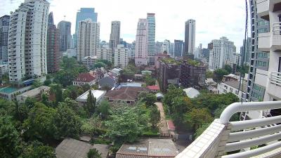 Panoramic city skyline and greenery from high-rise balcony