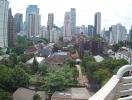 Panoramic city skyline and greenery from high-rise balcony