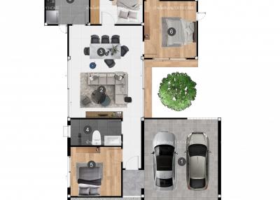 Floor plan of a two-story building featuring living spaces, bedrooms, bathroom, and car parking