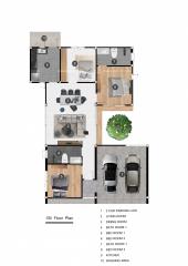 Floor plan of a two-story building featuring living spaces, bedrooms, bathroom, and car parking