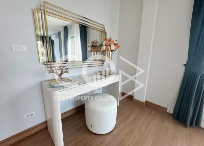Modern bedroom interior with elegant dressing table and decorative mirror