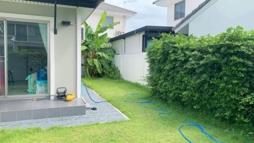 Residential house backyard with lawn and patio