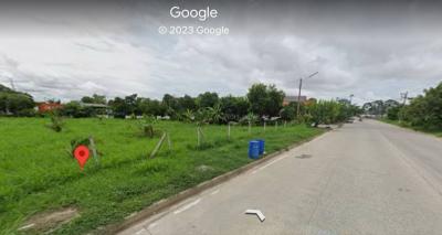 Street view of a potential development site with greenery under a cloudy sky