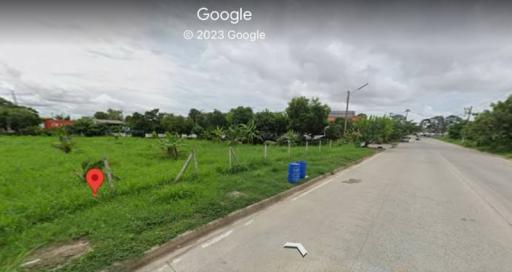 Street view of a potential development site with greenery under a cloudy sky