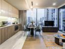 Modern living room with dining area and city view