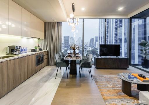 Modern living room with dining area and city view