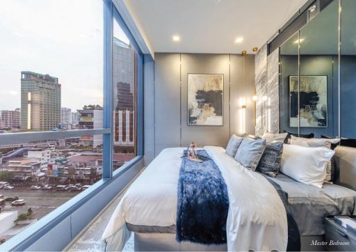 Modern bedroom with panoramic city view