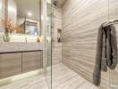 Modern bathroom interior with glass shower and elegant design