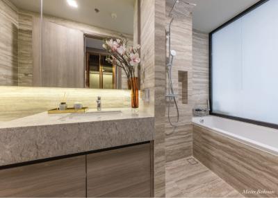 Modern bathroom with double vanity and spacious shower