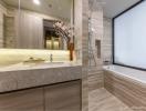 Modern bathroom with double vanity and spacious shower