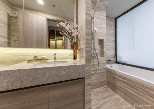 Modern bathroom with double vanity and spacious shower