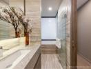 Modern bathroom with intelligent glass film technology and elegant finishes