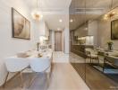 Modern dining room with adjacent kitchen view