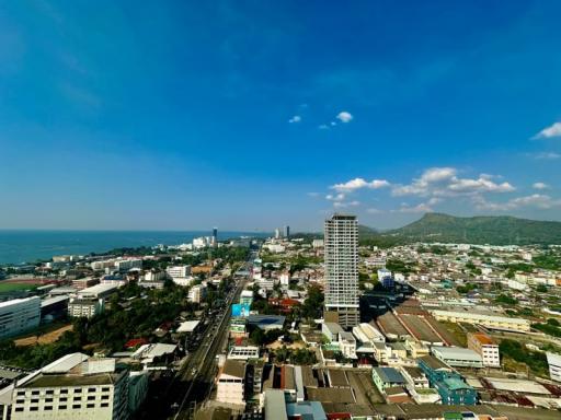 Expansive aerial view of a coastal city with clear skies