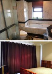 Modern bathroom with glass shower cubicle and bathtub