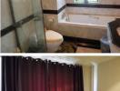 Modern bathroom with glass shower cubicle and bathtub