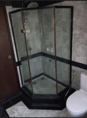 Modern bathroom with glass shower enclosure and toilet