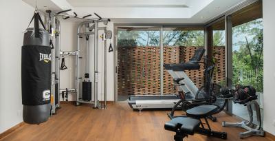 Modern home gym with various exercise equipment and natural light