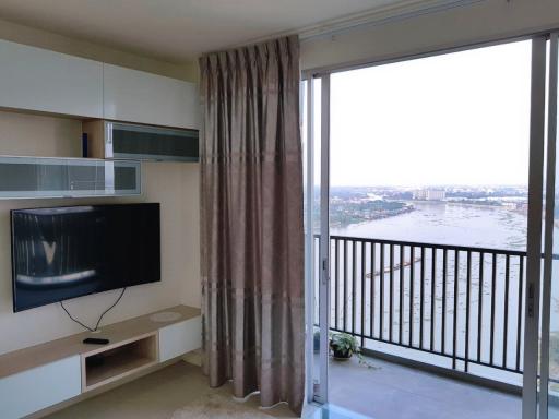 Modern living room interior with city view from balcony