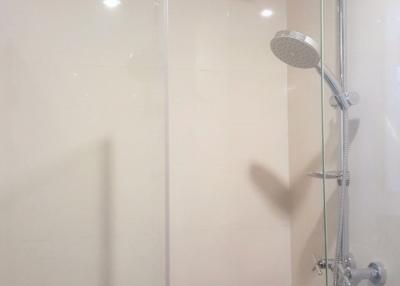Modern bathroom with walk-in shower and rain showerhead