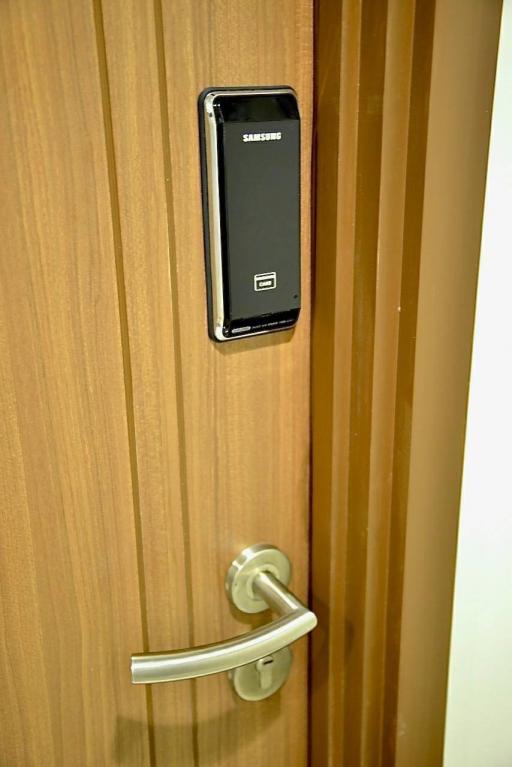 Modern Samsung digital lock on a wooden door