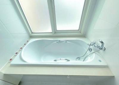 Spacious bathroom with a large jacuzzi and skylight