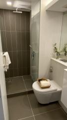 Modern bathroom with walk-in shower and sleek design