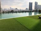 Rooftop pool with artificial grass and skyline view