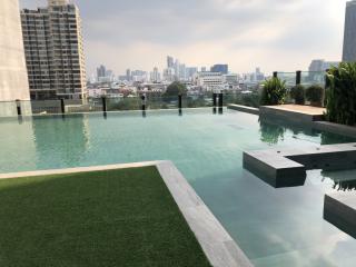 Rooftop swimming pool with city skyline view