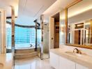 Luxurious bathroom with marble finishes and modern lighting
