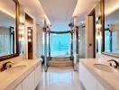 Luxurious bathroom with marble finishes and a city view