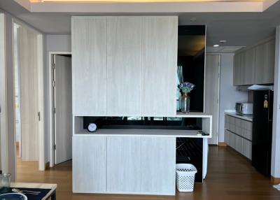 Modern living room interior with partition shelving unit