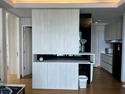 Modern living room interior with partition shelving unit