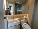 Modern bathroom with vanity, mirror, and toilet in a residential home