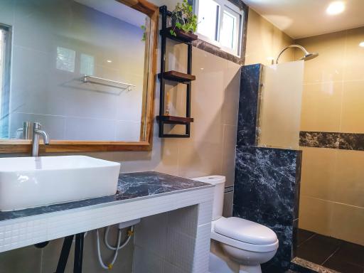 Modern bathroom with natural light and stylish fixtures