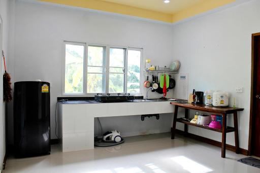 Modern kitchen with large window and essential appliances